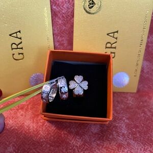 14k WG o/SS Moissanite Earrings and Clover Puzzle Ring w/ GRA certs!